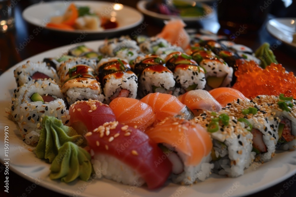 Sushi platter featuring a variety of fresh seafood and colorful rolls displayed on a large round dish at a dining table Sushi platter featuring a variety of fresh seafood and colorful rolls displayed on a large round dish at a dining table