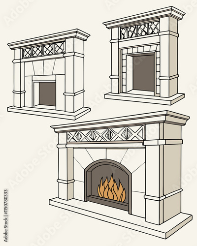 Cozy fireplaces with detailed mantels, crackling fire, and elegant hearths in vector format. photo