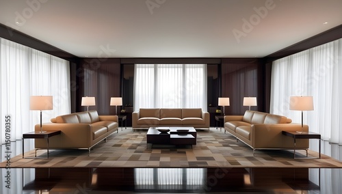 A luxurious minimalist living room interior with sleek lines, neutral tones, and a sense of opulence, featuring a spacious seating area with low-profile sofas upholstered in rich, cream-colored leathe photo