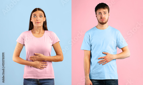 Canvas Print Young female and male touching stomaches, feeling satiety after eating hearty me