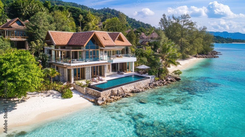 Luxurious beachfront villa with private pool, overlooking turquoise ocean and tropical landscape. Luxurious beachfront villa with private pool, overlooking turquoise ocean and tropical landscape.