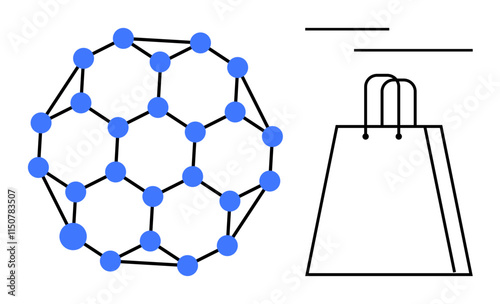 Geodesic dome structure with blue nodes next to shopping bag, symbolizing tech-commerce synergy. Ideal for marketing, e-commerce, technology, innovation, connectivity, retail, futuristic concepts