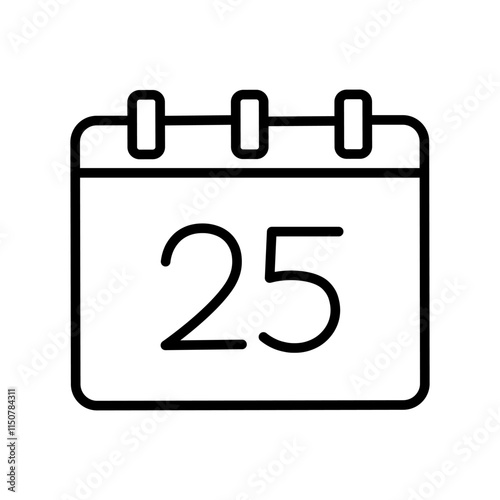 Vector illustration of calendar with 25 date in line art style isolated on white background.
