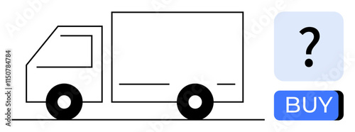 Delivery truck outline next to a square icon with a question mark and a BUY button. Ideal for online shopping, e-commerce, delivery services, logistics, retail, consumer choices, and supply chain