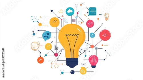 a creative mind map chart clipart, brainstorming process element, colorful connected nodes, flat design, isolated on white background 
