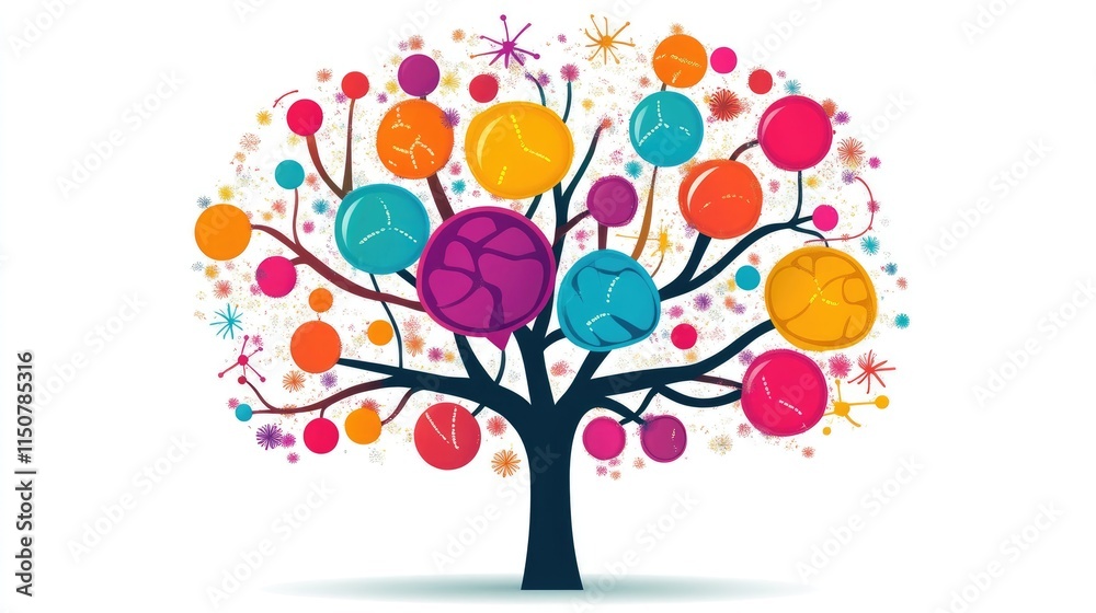 Fototapeta premium a creative mind map chart clipart, brainstorming process element, colorful connected nodes, flat design, isolated on white background 