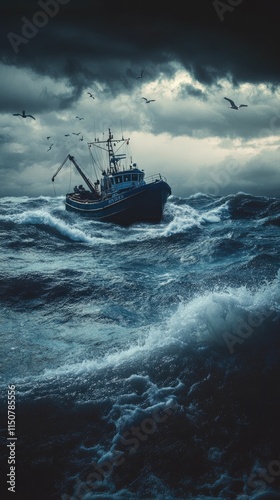 Small fishing vessel navigates stormy sea, birds fly overhead.