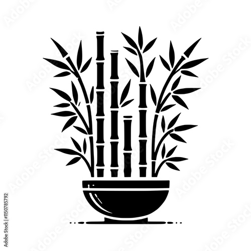 Serene Bamboo in Pot: A minimalist black and white illustration of a bamboo plant in a bowl, symbolizing peace, tranquility, and growth. 