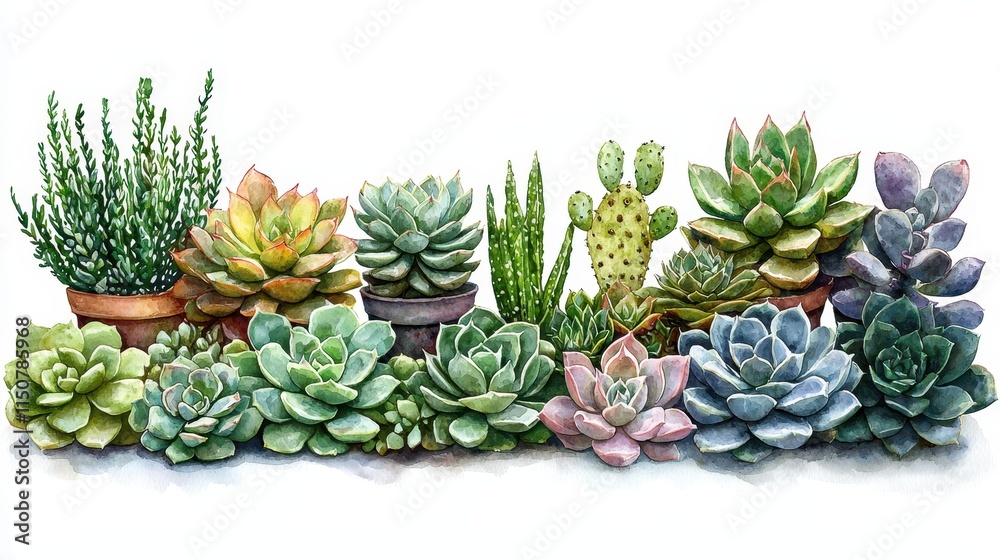 Fototapeta premium Vibrant Collection of Diverse Succulents in Flower Pots