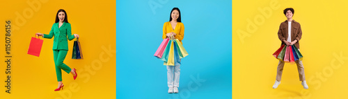Three individuals showcase their shopping enthusiasm with bags of colorful merchandise. Each person, dressed in bright attire, enjoys the excitement of black Friday sales.