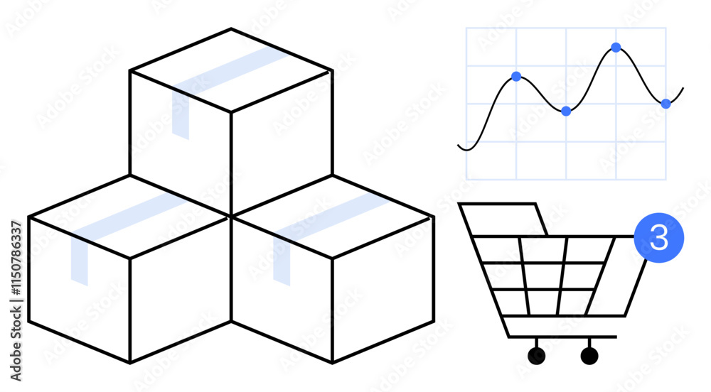 Three shipping boxes stacked, graph with line and dots indicating trend, shopping cart icon with notification alert. Ideal for e-commerce, shipping, retail, logistics, inventory management, data Three shipping boxes stacked, graph with line and dots indicating trend, shopping cart icon with notification alert. Ideal for e-commerce, shipping, retail, logistics, inventory management, data