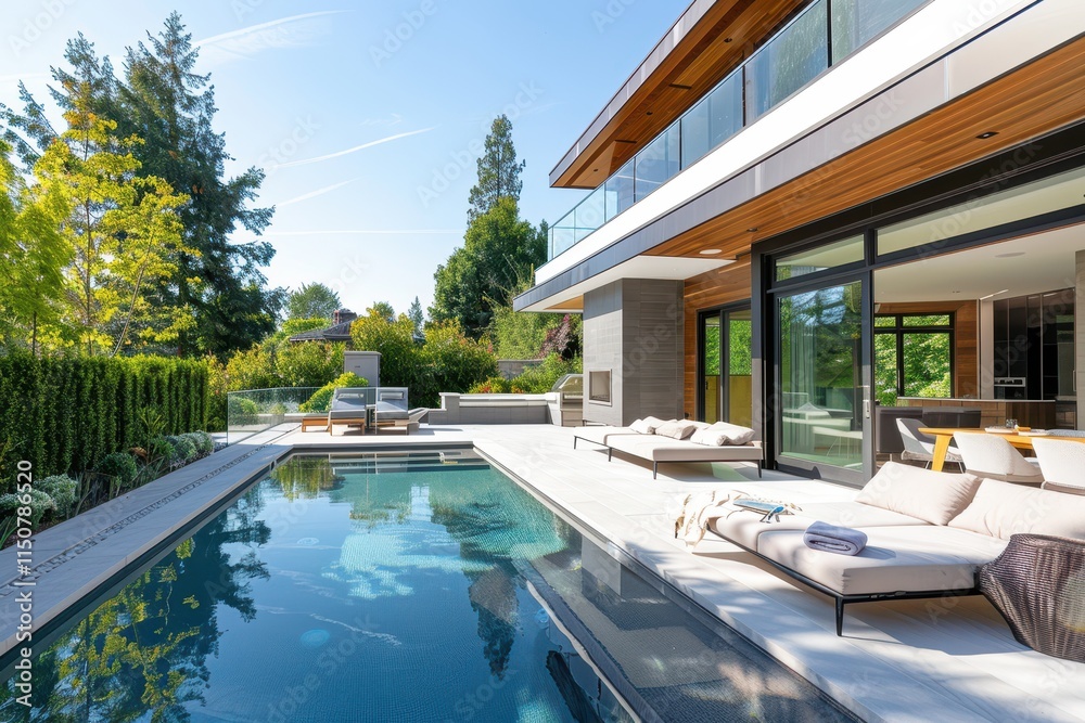 Obraz premium Modern luxury home with a stunning pool area surrounded by greenery on a sunny day in a tranquil setting