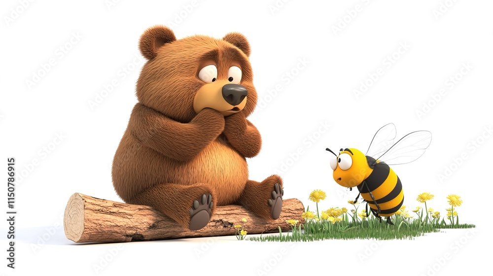 Fototapeta premium Adorable 3D Cartoon Brown Bear Crying on a Broken Log While a Giant Bee Taps Its Cheek, Expressing Emotion and Humor in a Playful Scene