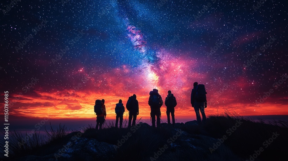 Group of Hikers Watching Starry Night Sky and Milky Way Galaxy Group of Hikers Watching Starry Night Sky and Milky Way Galaxy