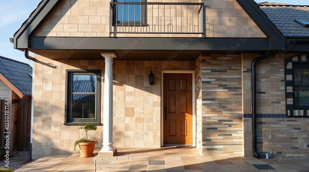 House Exterior with Tan Stone Cladding and Wooden Door House Exterior with Tan Stone Cladding and Wooden Door