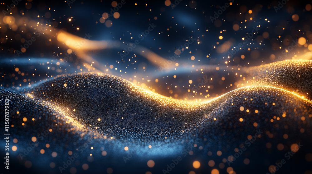 Obraz premium An abstract navy blue backdrop with swirling gold foil textures and festive golden lights. The glowing particles add depth and sophistication to the holiday theme.