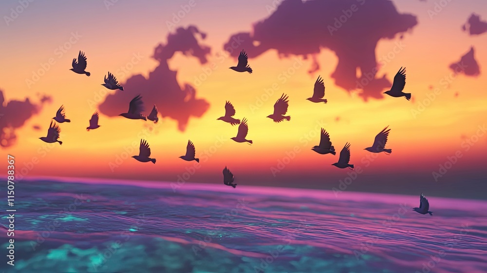 Obraz premium Birds fly over colorful ocean sunset.