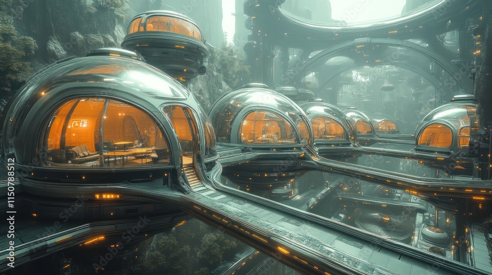 custom made wallpaper toronto digitalFuturistic cityscape with dome-shaped structures and interconnected walkways.