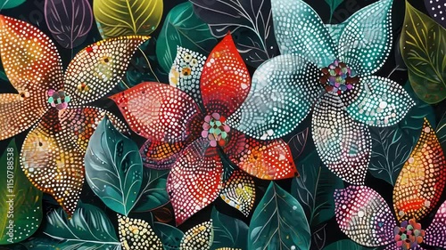 A floralinspired painting with petals and leaves made up of tiny sparkling dots that invite the viewer to get lost in their beauty. photo
