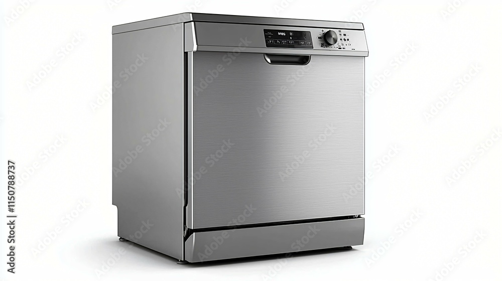 Compact dishwasher with stainless steel exterior, isolated on a seamless white background with clean lighting. Compact dishwasher with stainless steel exterior, isolated on a seamless white background with clean lighting.