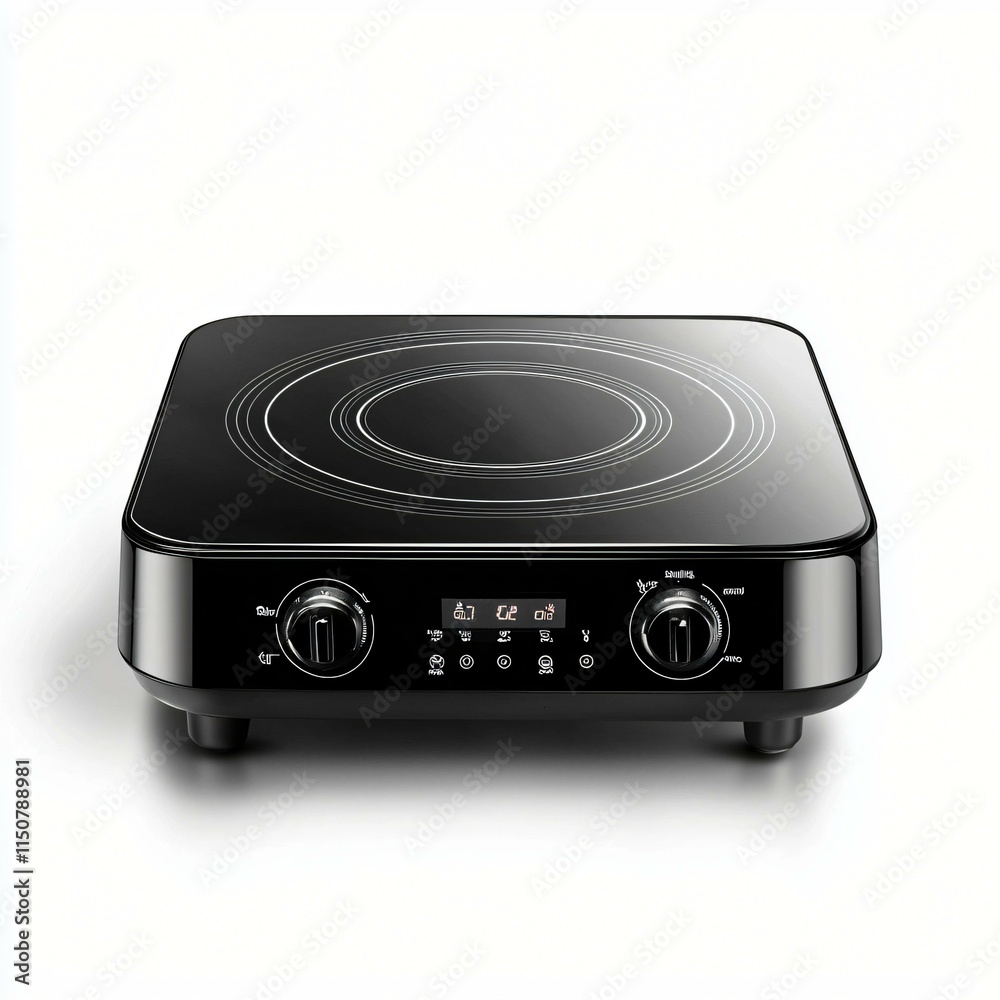 Fototapeta premium Electric hot plate with a polished surface, centered on a seamless white background for commercial use.