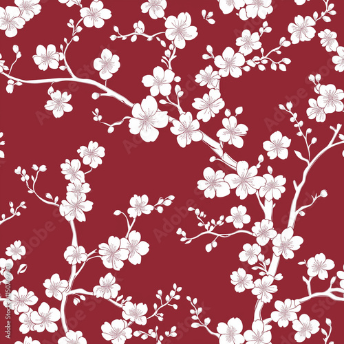 Seamless High-Contrast Japanese Sakura Blossom Pattern with Curling Vines on Solid Crimson Background