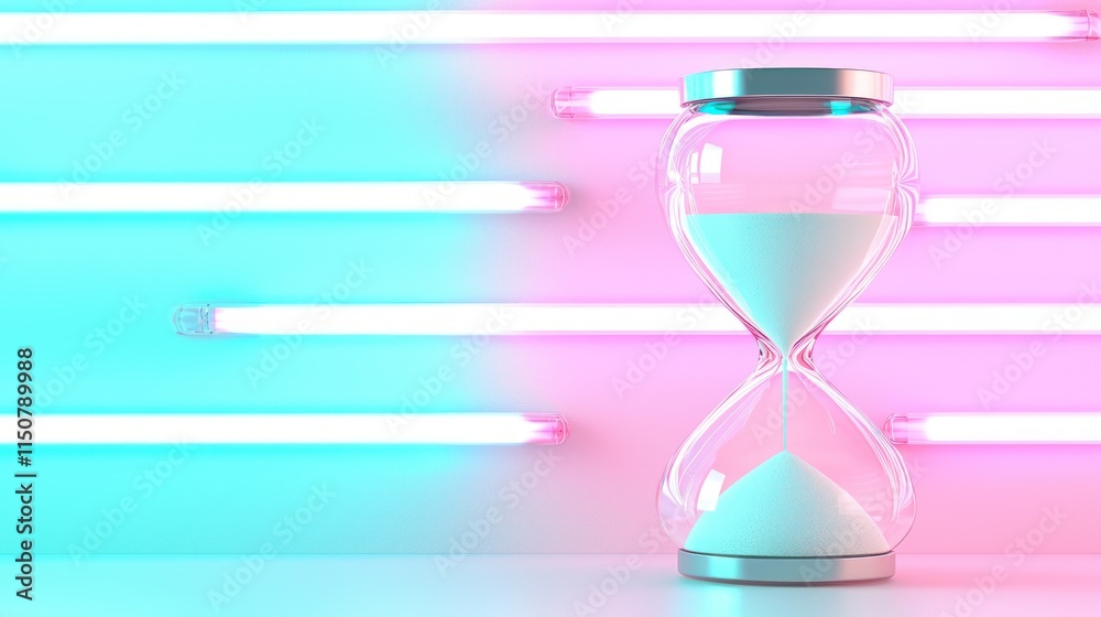 Fototapeta premium Modern hourglass with vibrant pink and turquoise neon lights.