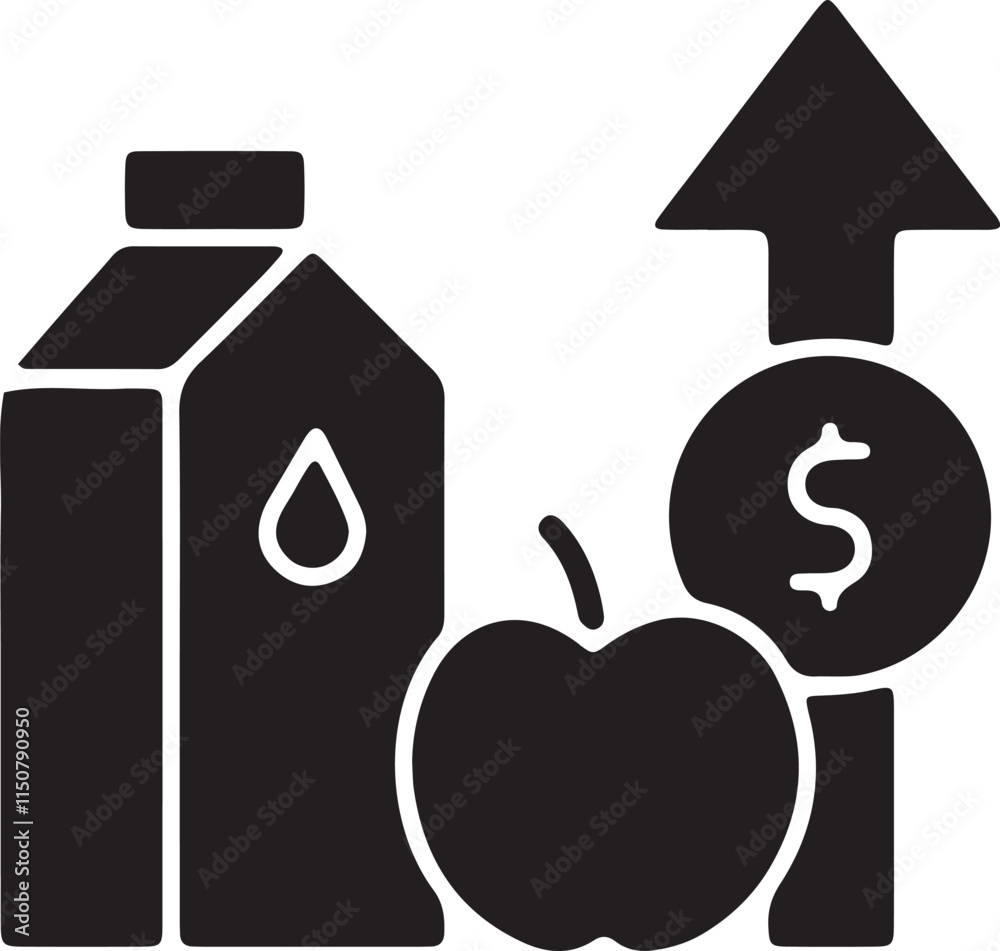 An illustration of a silhouette-style icon depicting food items, such as a basket or grocery bag, with an upward arrow to symbolize rising food prices An illustration of a silhouette-style icon depicting food items, such as a basket or grocery bag, with an upward arrow to symbolize rising food prices