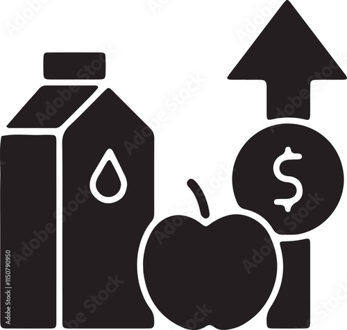 An illustration of a silhouette-style icon depicting food items, such as a basket or grocery bag, with an upward arrow to symbolize rising food prices
