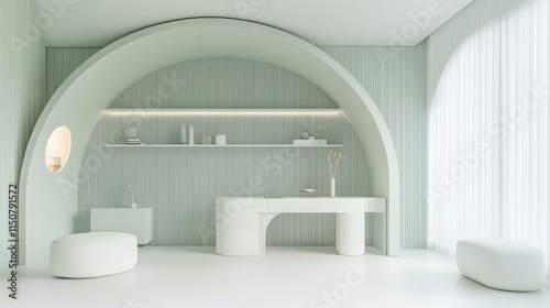 Minimalist White Interior Design with Arched Wall and Desk