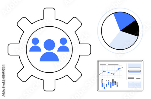 Gear with team icon represents collaboration, pie chart indicates data distribution, and financial report displays analysis with graphs and charts. Ideal for business strategy, teamwork, data