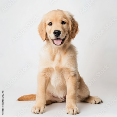 A golden retriever puppy sitting on a white background