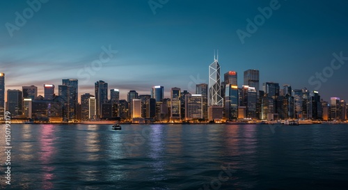 A panoramic view of a city skyline at dusk with glowing lights reflecting on the water