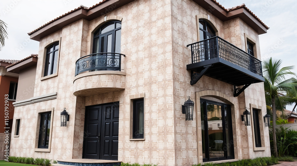Two-Story House with Balcony and Beige Stucco Exterior Two-Story House with Balcony and Beige Stucco Exterior