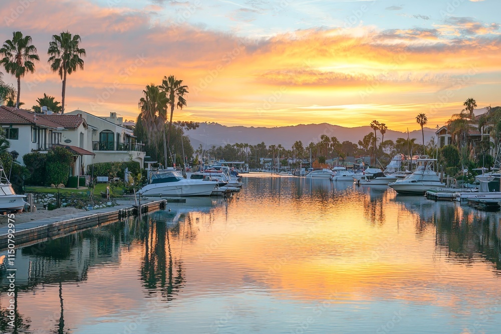 Obraz premium Quiet bay reflecting the vibrant colors of sunset.