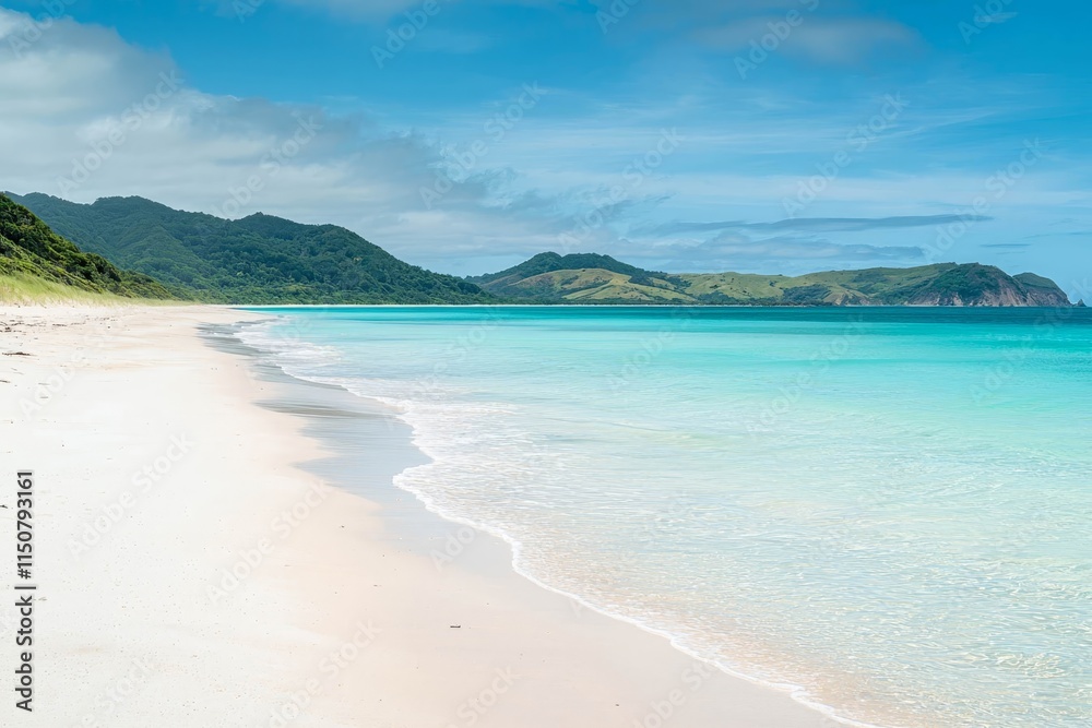 Serene beach with turquoise waters and white sand. Serene beach with turquoise waters and white sand.