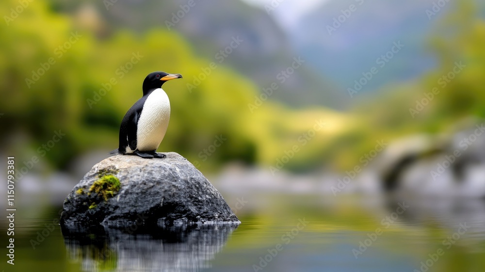 Naklejka premium Penguin stands on rock in serene, green landscape