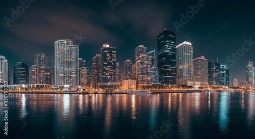 A panoramic view of a city skyline at dusk with glowing lights reflecting on the water