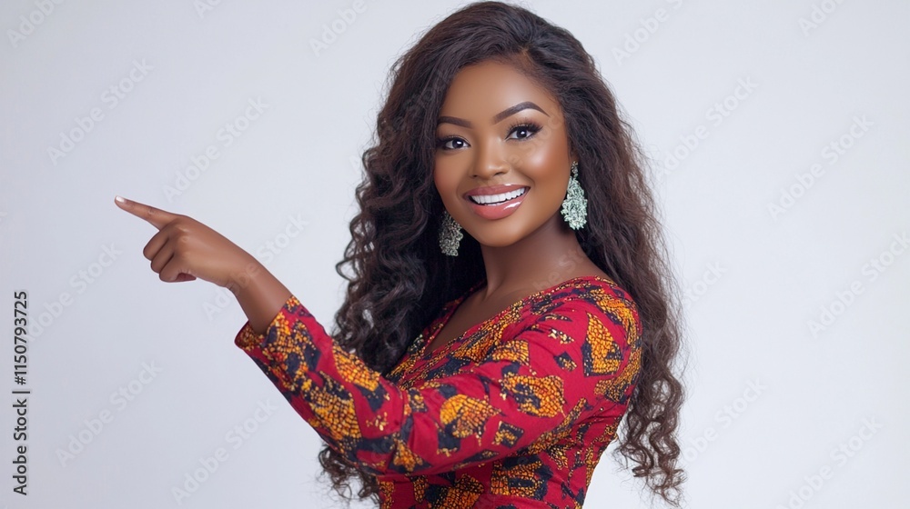 Beautiful woman in vibrant red and yellow patterned dress pointing sideways with confident smile, showcasing long curly dark hair and statement earrings against light studio background. Beautiful woman in vibrant red and yellow patterned dress pointing sideways with confident smile, showcasing long curly dark hair and statement earrings against light studio background.