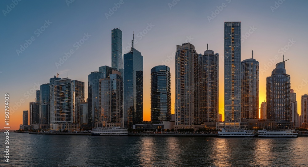 Fototapeta premium A panoramic view of a city skyline at dusk with glowing lights reflecting on the water