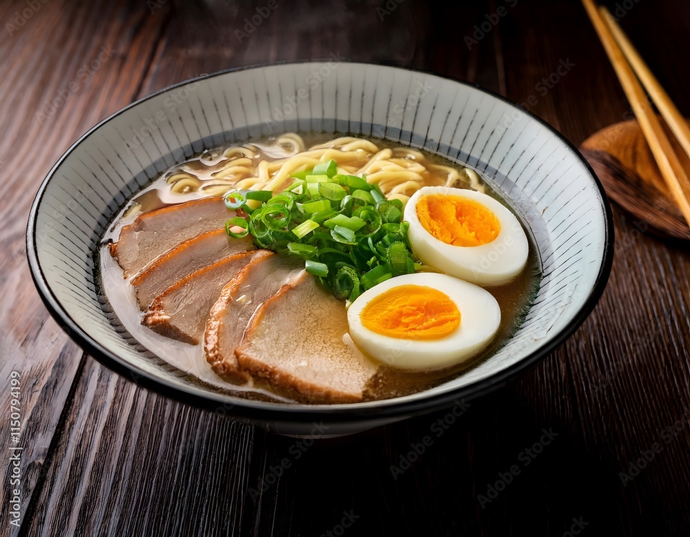 A bowl of steaming ramen with vibrant toppings like sliced pork, green onions, and a boiled A bowl of steaming ramen with vibrant toppings like sliced pork, green onions, and a boiled