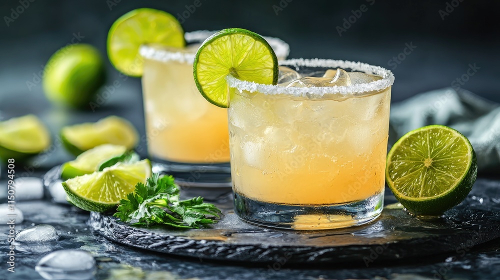 Two refreshing cocktails with lime, served on a slate tray, perfect for a summer gathering. Two refreshing cocktails with lime, served on a slate tray, perfect for a summer gathering.