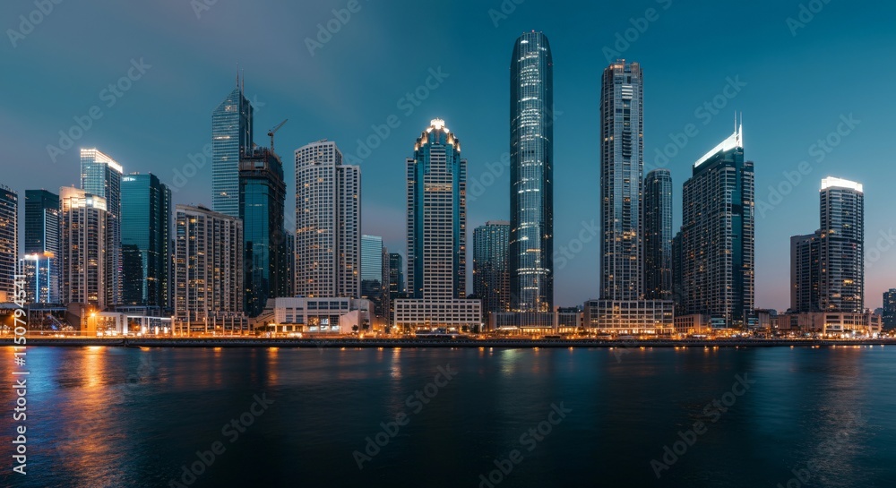 Naklejka premium A panoramic view of a city skyline at dusk with glowing lights reflecting on the water