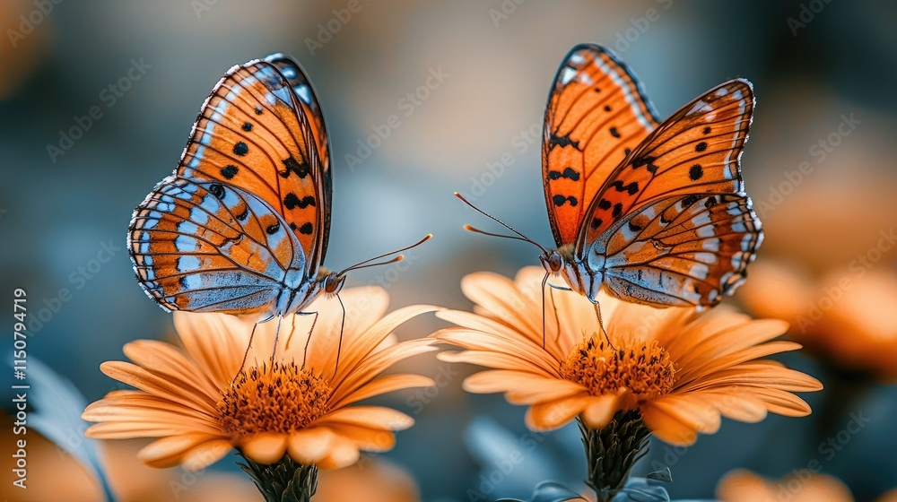 Obraz premium Two vibrant butterflies resting on orange flowers in a soft-focus garden setting.