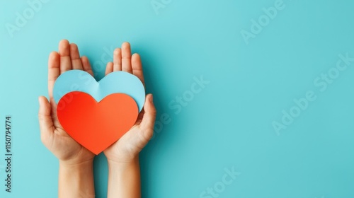 Celebrate love and support with hands holding a heart, symbolizing unity for autism awareness in a vibrant blue sky. photo