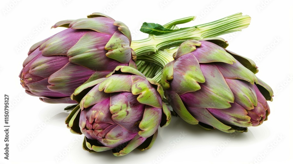 Obraz premium A vibrant display of fresh organic artichokes, showcasing their rich hues and unique shapes from a top view perspective.