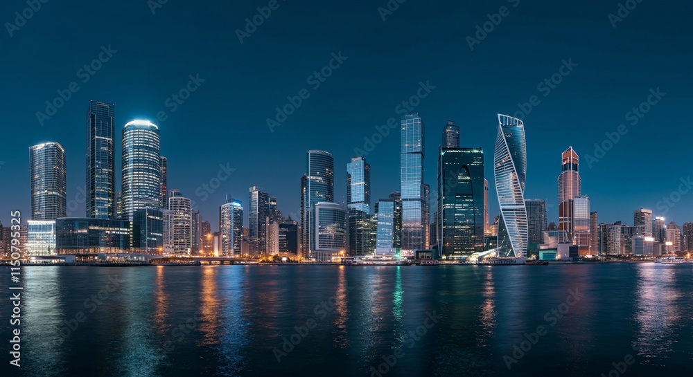 Fototapeta premium A panoramic view of a city skyline at dusk with glowing lights reflecting on the water