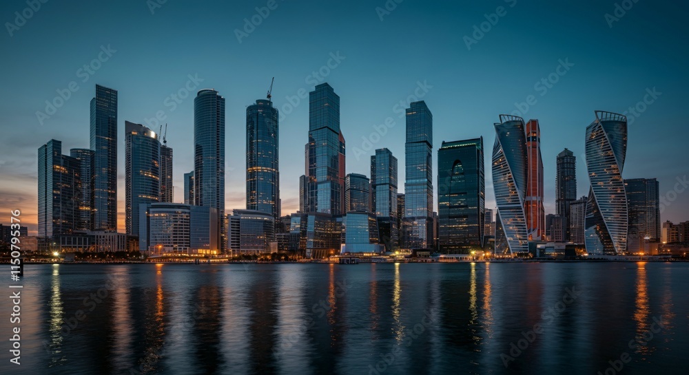 Obraz premium A panoramic view of a city skyline at dusk with glowing lights reflecting on the water