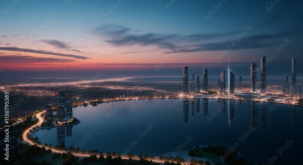 A panoramic view of a city skyline at dusk with glowing lights reflecting on the water A panoramic view of a city skyline at dusk with glowing lights reflecting on the water