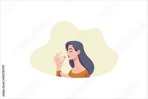 Woman taking a pill in to her mouth. Woman holds a pill in her hand and intends to take it. Medication treatment, pharmacy and medicine, vector illustration